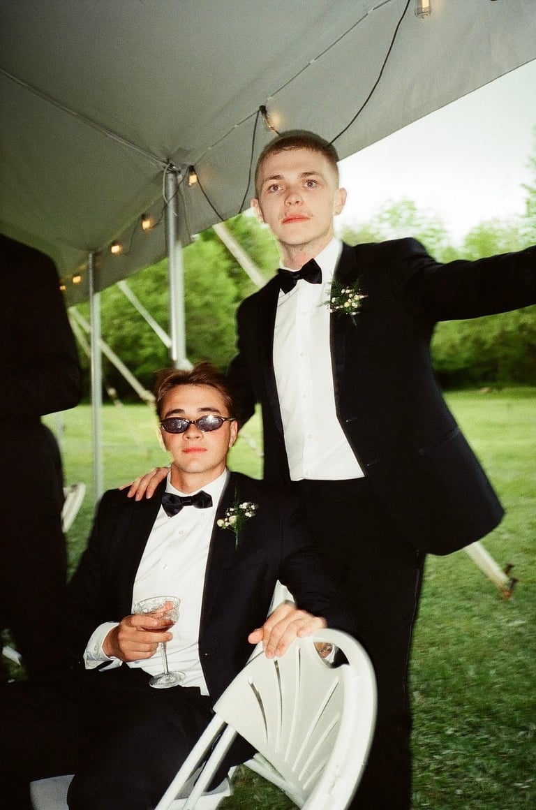 Two men in formal black tuxedos and bow ties under an outdoor tent, holding champagne glasses at an event